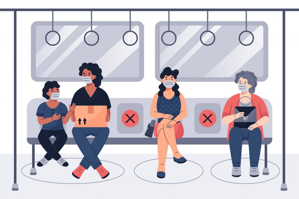 Dibujo de personas en transporte público, con mascarillas